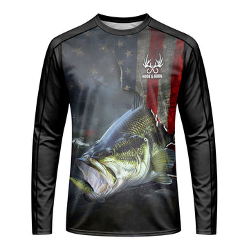American Flag Largemouth Bass Long Sleeve Fishing Shirt – Front View Mockup