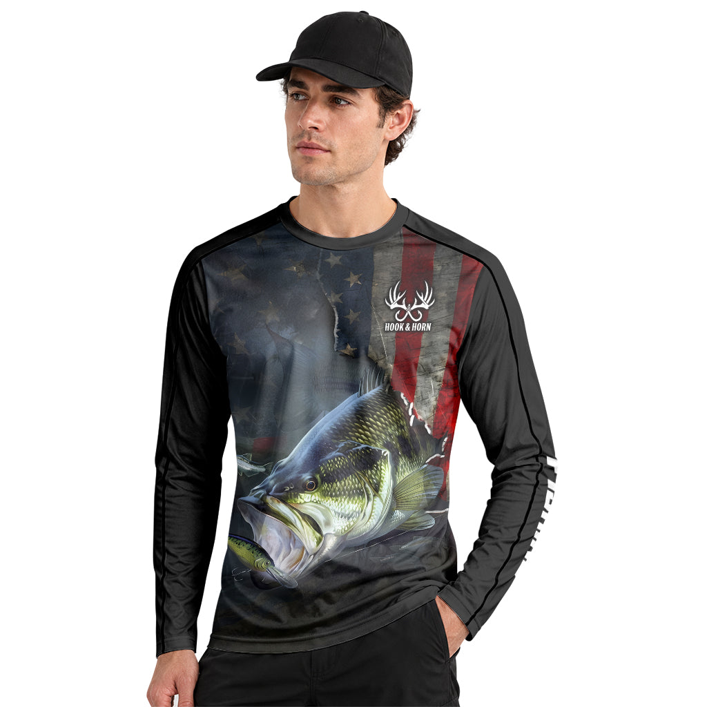 American Flag Largemouth Bass Long Sleeve Fishing Shirt – Front Lifestyle View