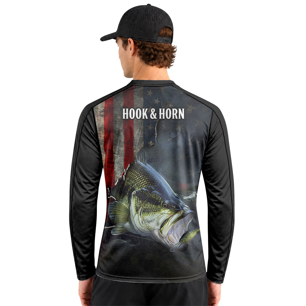 American Flag Largemouth Bass Long Sleeve Fishing Shirt – Back Lifestyle View