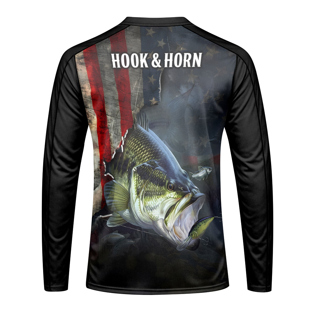 American Flag Largemouth Bass Long Sleeve Fishing Shirt – Front View Mockup