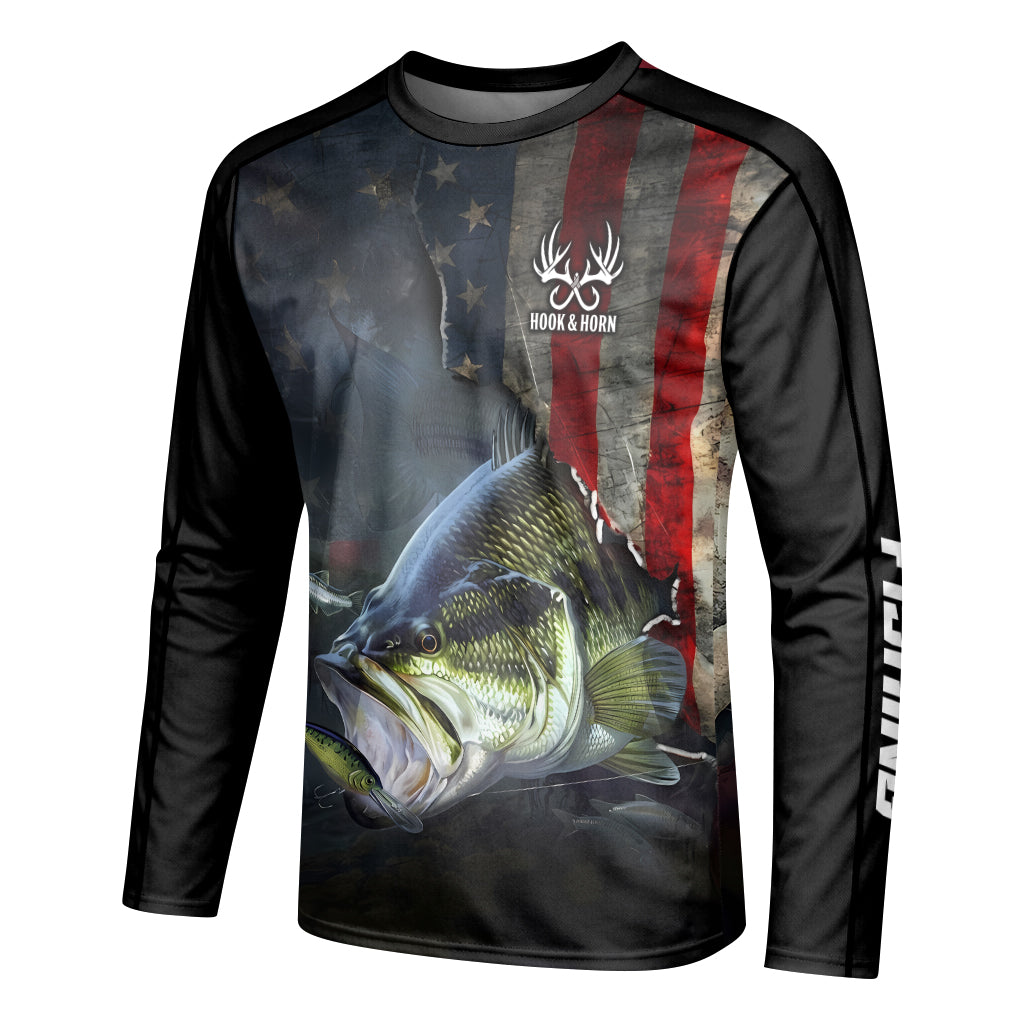American Flag Largemouth Bass Long Sleeve Fishing Shirt – Left Side View Mockup