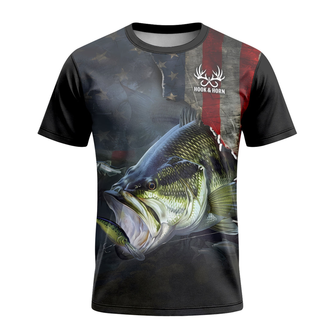 American Flag Largemouth Bass Short Sleeve Fishing Shirt – Front and Back View