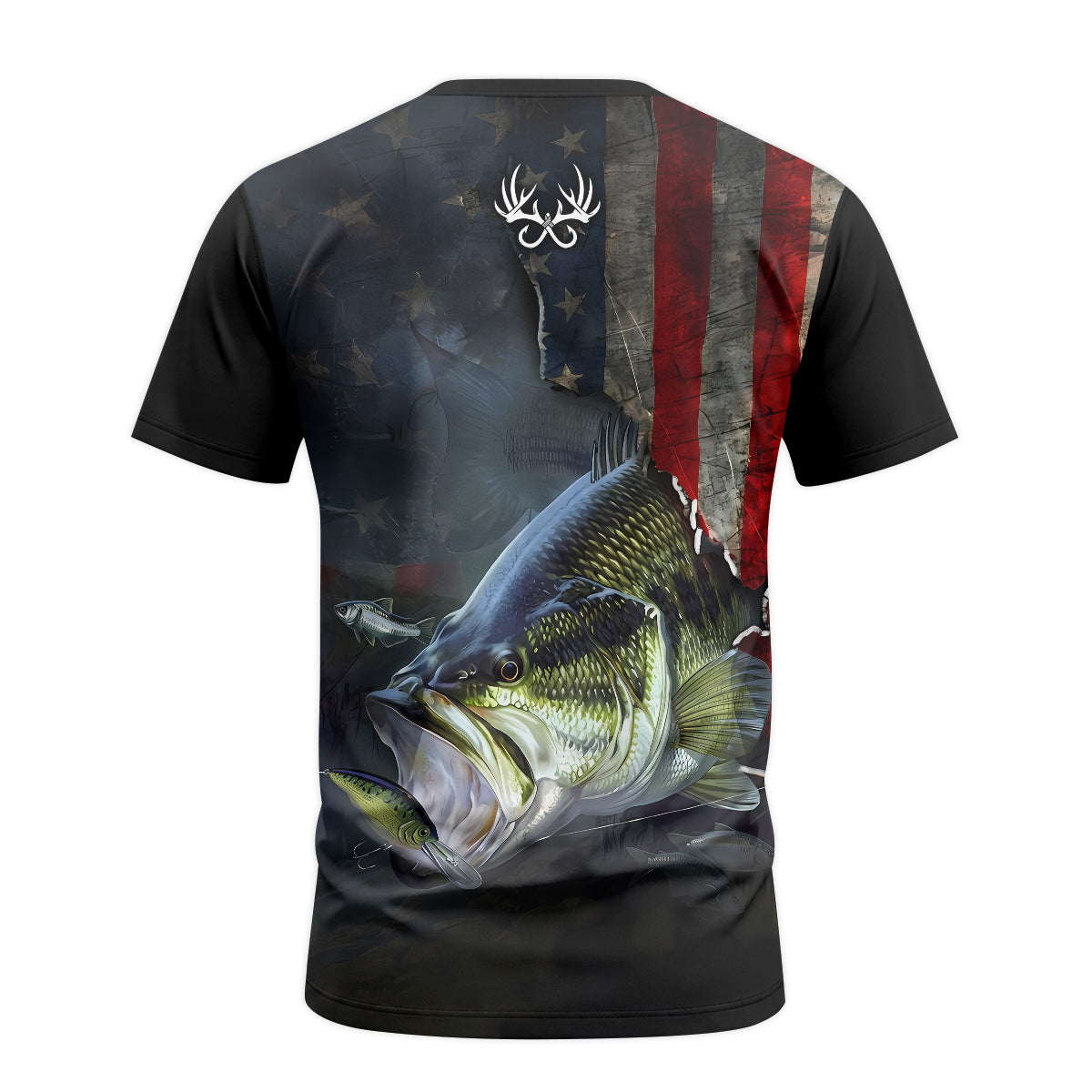 American Flag Largemouth Bass Short Sleeve Fishing Shirt – Back View Mockup