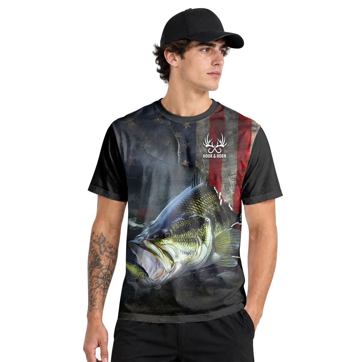 American Flag Largemouth Bass Short Sleeve Fishing Shirt – Front Lifestyle View