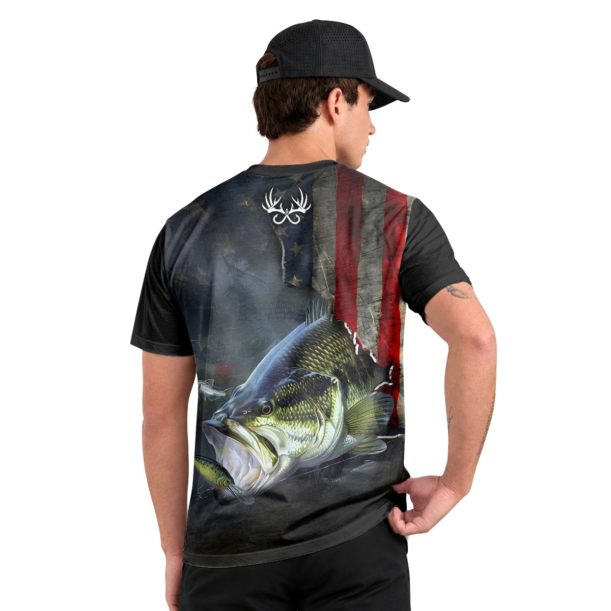 American Flag Largemouth Bass Short Sleeve Fishing Shirt – Back Lifestyle View