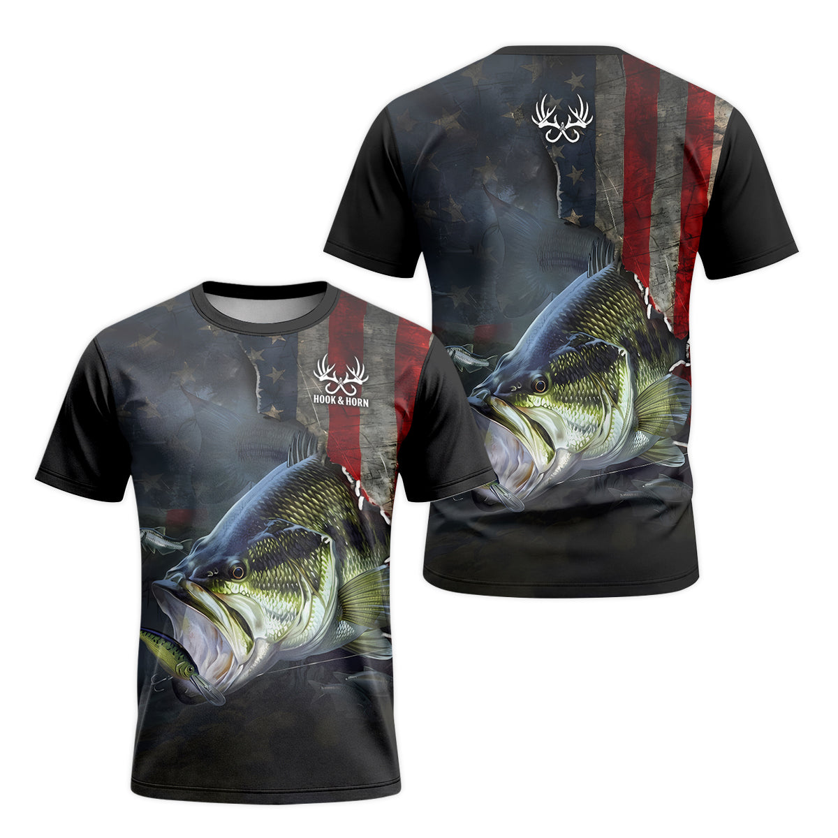 American Flag Largemouth Bass Short Sleeve Fishing Shirt – Front and Back View
