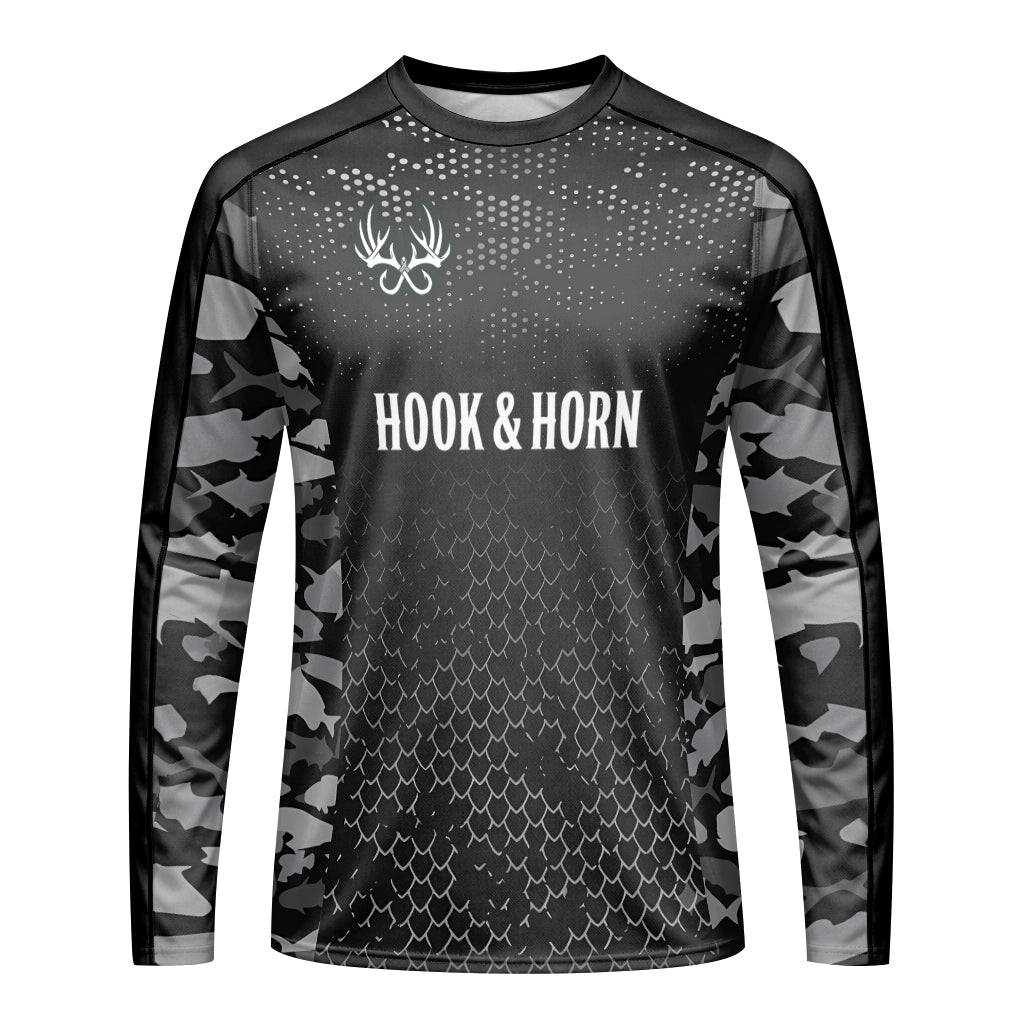 Barracuda Black Camo Long Sleeve Fishing Shirt - front view mockup
