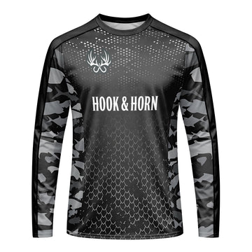 Barracuda Black Camo Long Sleeve Fishing Shirt - front view mockup
