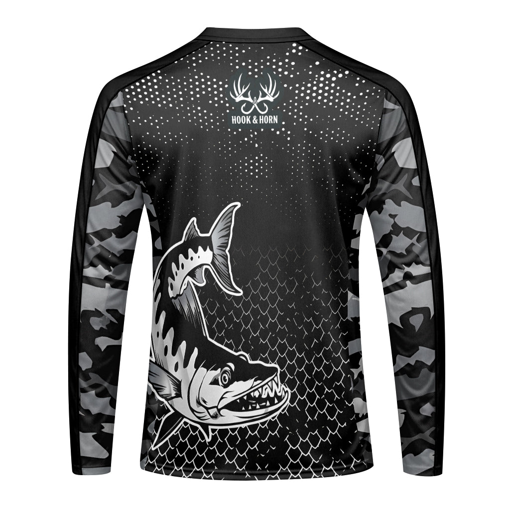 Barracuda Black Camo Long Sleeve Fishing Shirt - front view mockup