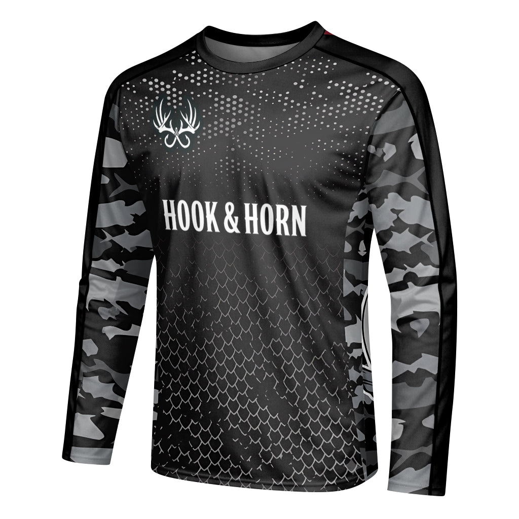 Barracuda Black Camo Long Sleeve Fishing Shirt - left side mockup