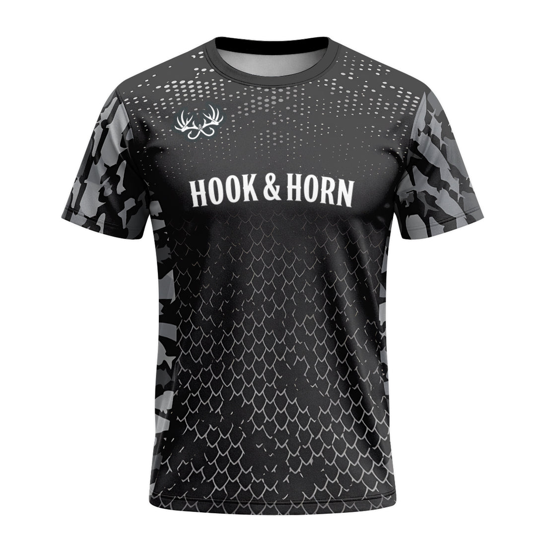Barracuda Black Camo Short Sleeve Fishing Shirt - front and back view