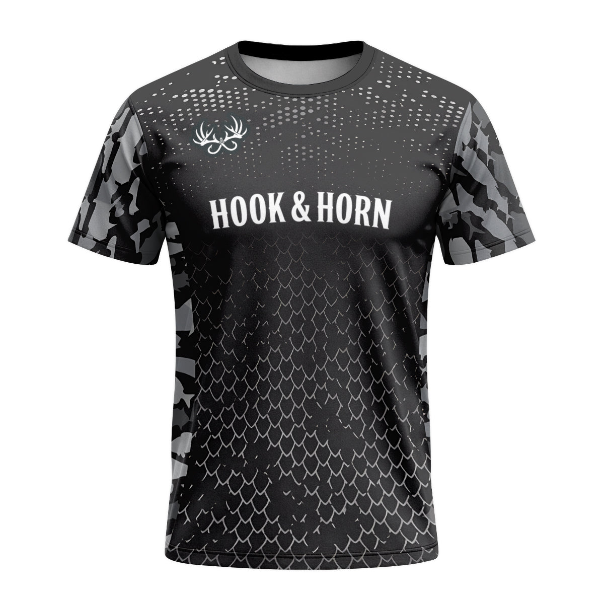 Barracuda Black Camo Short Sleeve Fishing Shirt - front view mockup