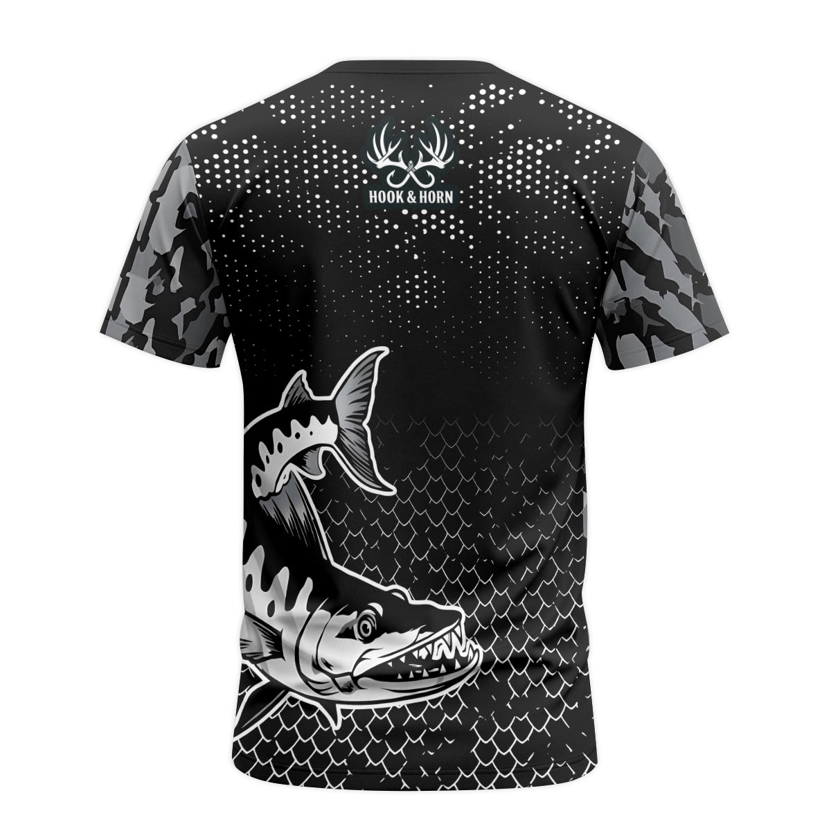 Barracuda Black Camo Short Sleeve Fishing Shirt - back view mockup