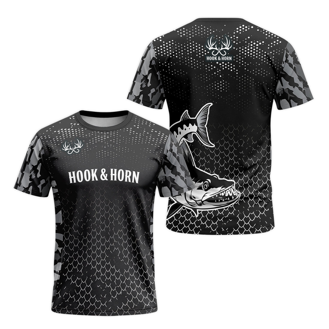 Barracuda Black Camo Short Sleeve Fishing Shirt - front and back view