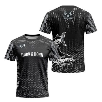 Barracuda Black Camo Short Sleeve Fishing Shirt - front and back view