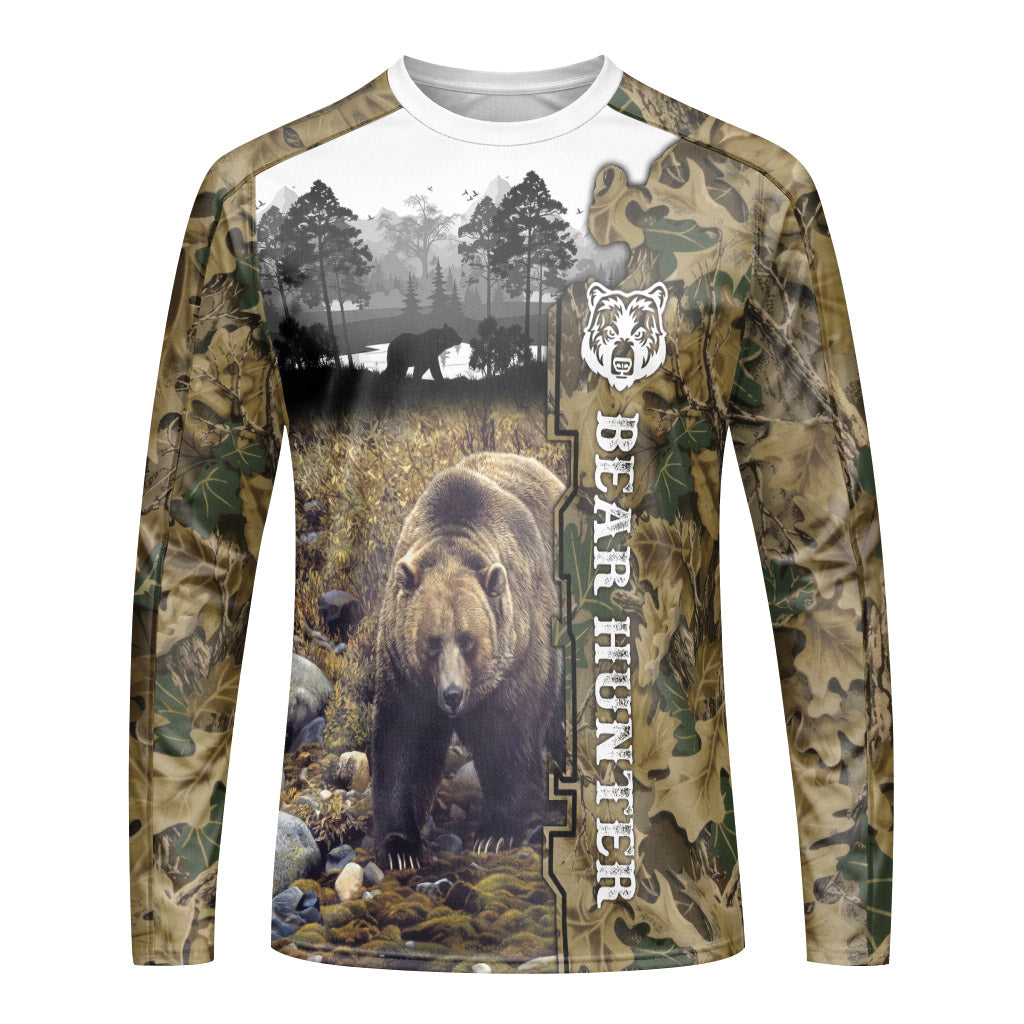 Bear Hunter Woodland Camo Long Sleeve Hunting Shirt – Front View Mockup