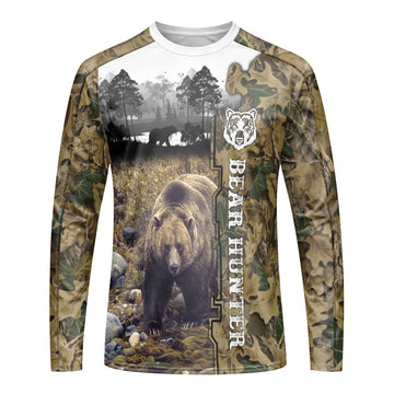 Bear Hunter Woodland Camo Long Sleeve Hunting Shirt – Front View Mockup