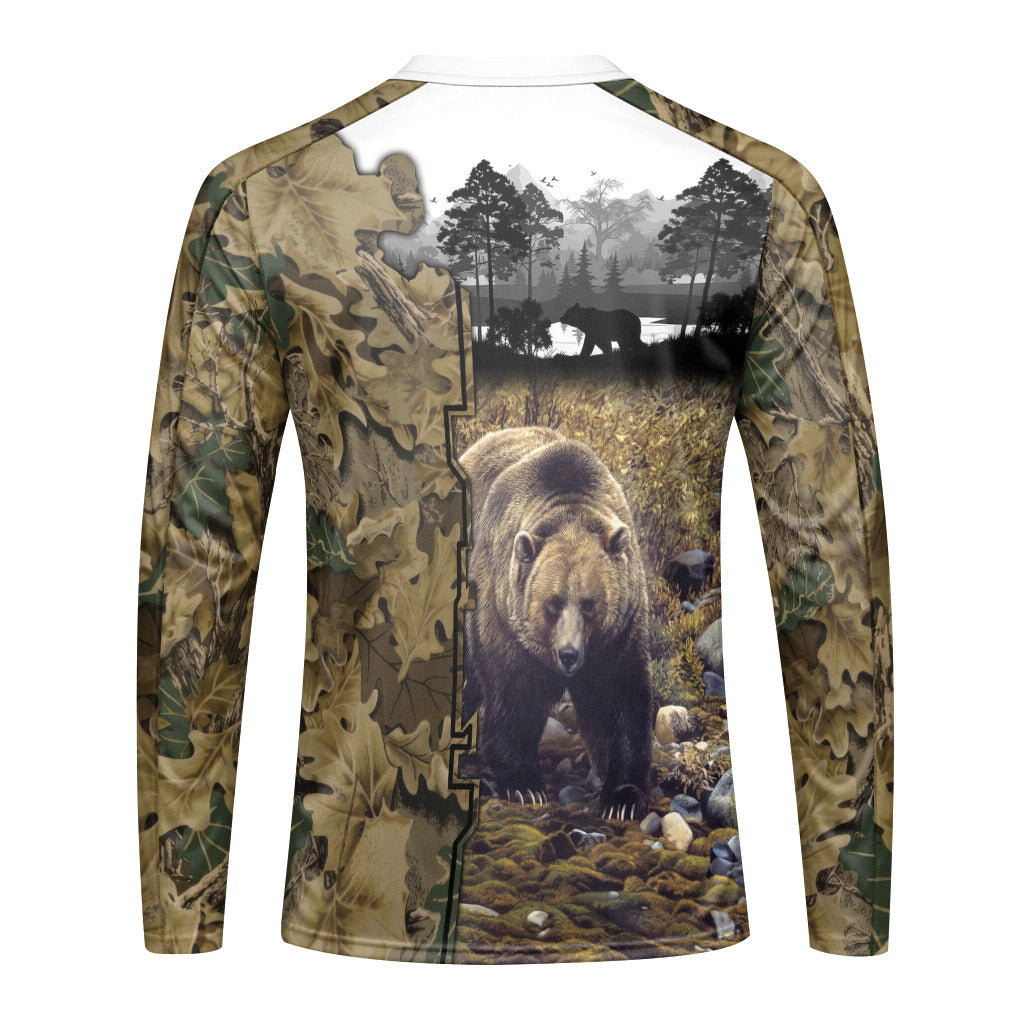 Bear Hunter Woodland Camo Long Sleeve Hunting Shirt – Back View Mockup