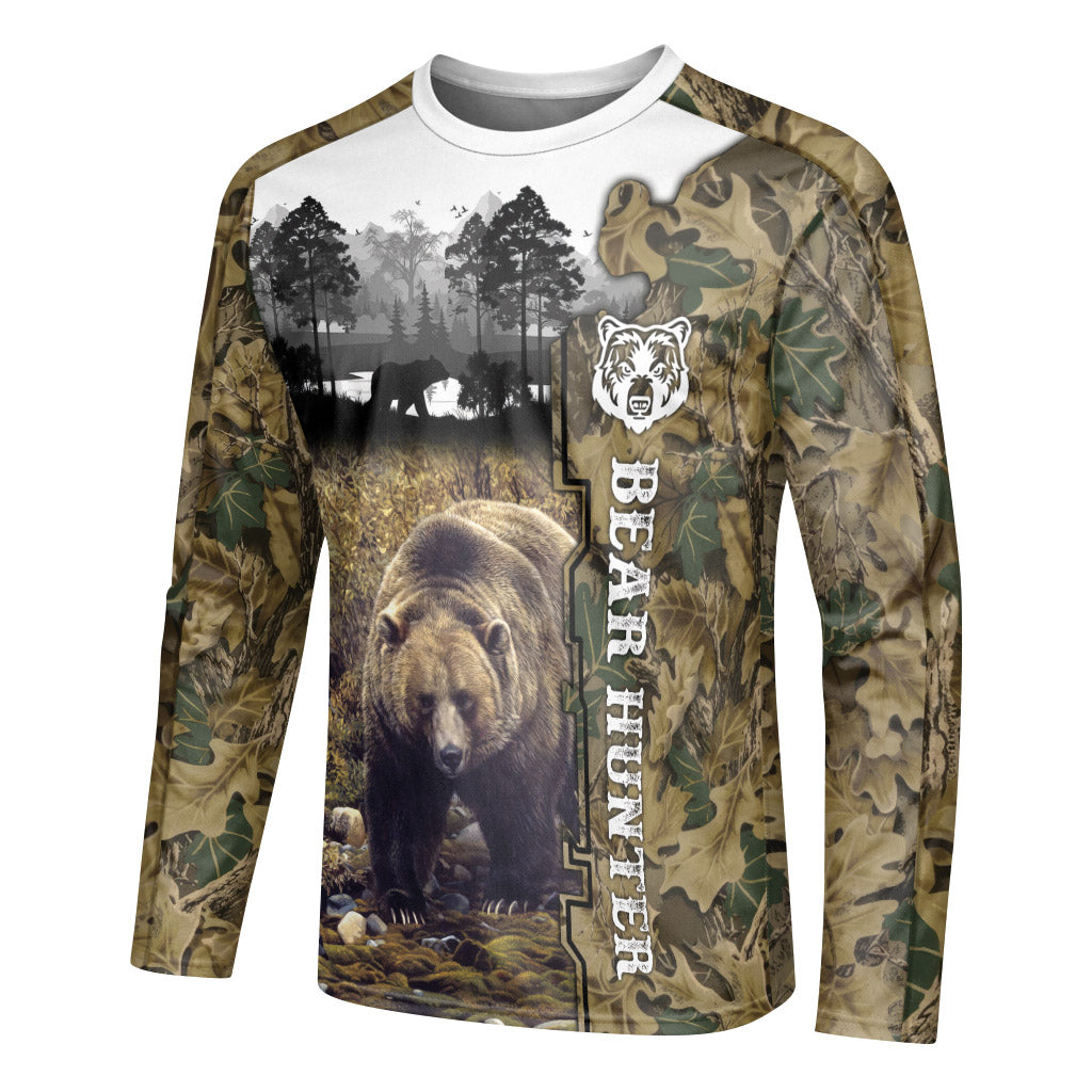 Bear Hunter Woodland Camo Long Sleeve Hunting Shirt – Left Side View Mockup