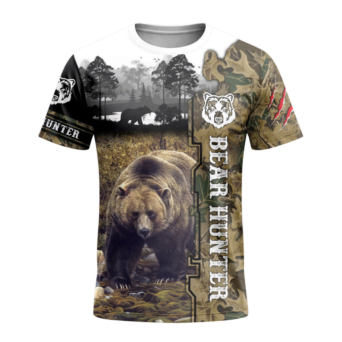 Bear Hunter Woodland Camo Short Sleeve Hunting Shirt - front and back view