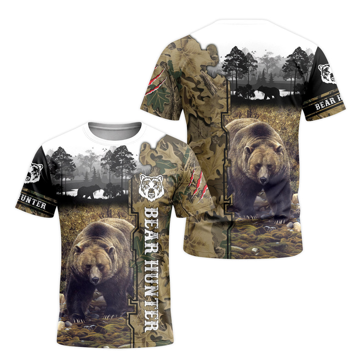 Bear Hunter Woodland Camo Short Sleeve Hunting Shirt - front and back view