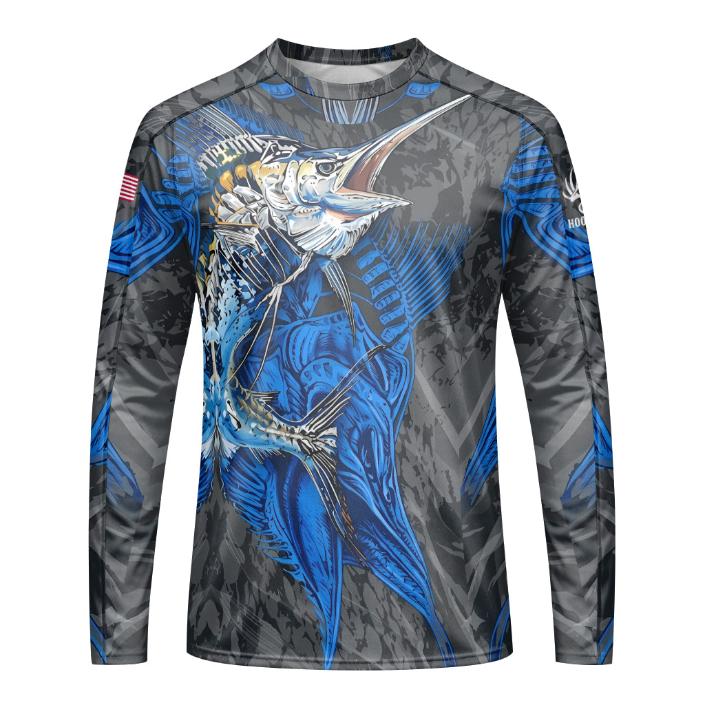 Blue Marlin Skeleton Camo Long Sleeve Fishing Shirt - front view mockup
