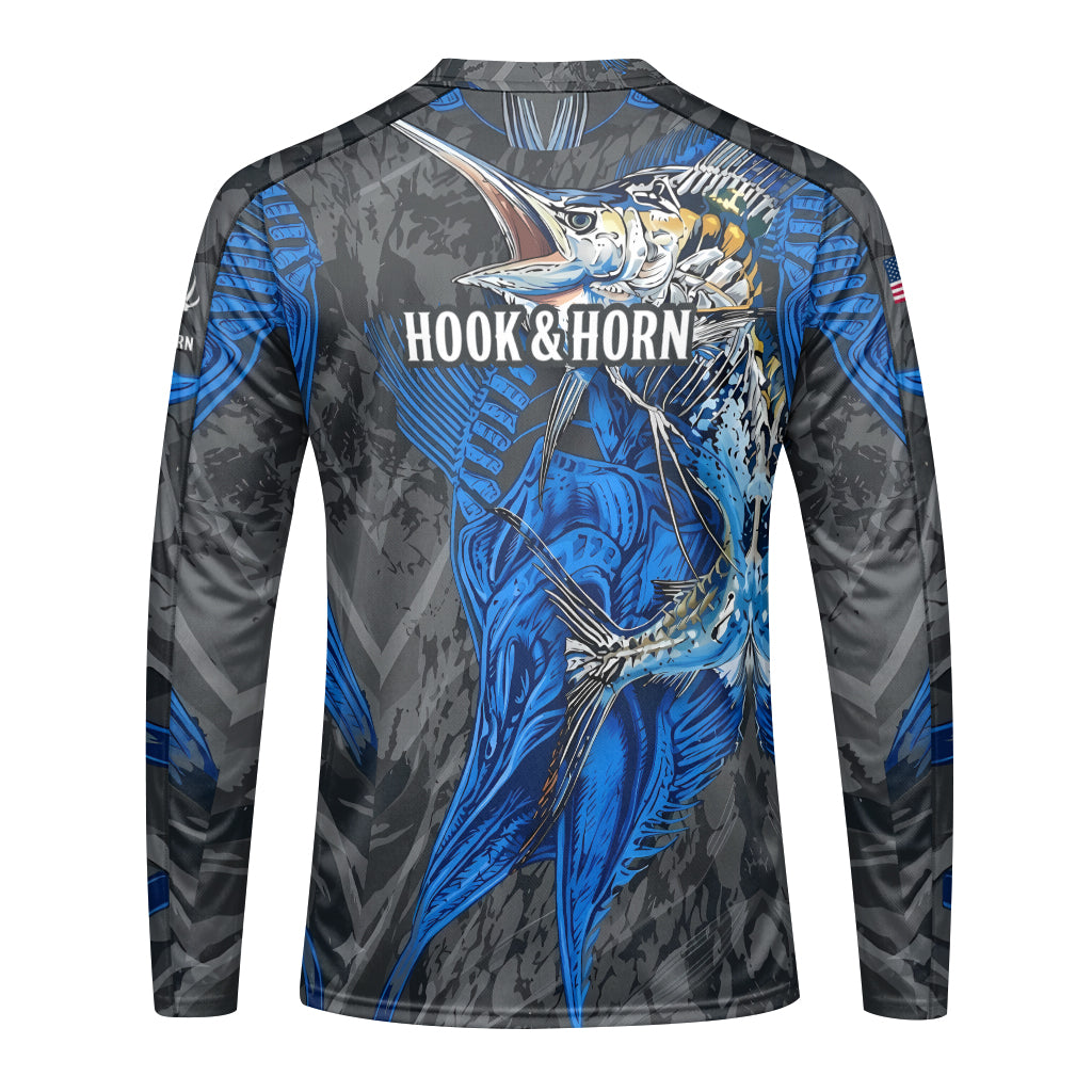 Blue Marlin Skeleton Camo Long Sleeve Fishing Shirt - back view mockup