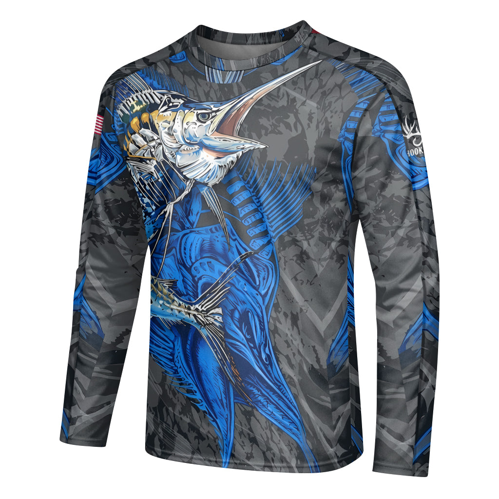 Blue Marlin Skeleton Camo Long Sleeve Fishing Shirt - left side mockup