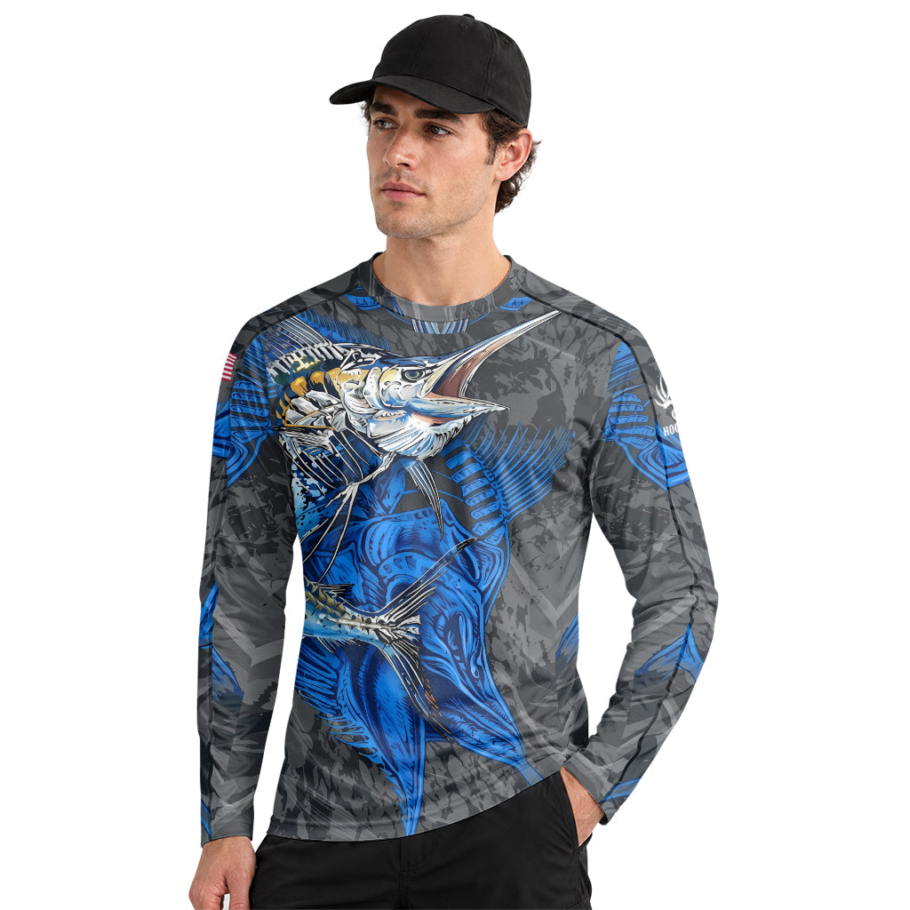 Blue Marlin Skeleton Camo Long Sleeve Fishing Shirt - lifestyle view