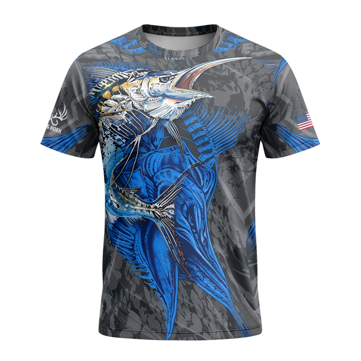 Blue Marlin Skeleton Camo Short Sleeve Fishing Shirt - front view mockup