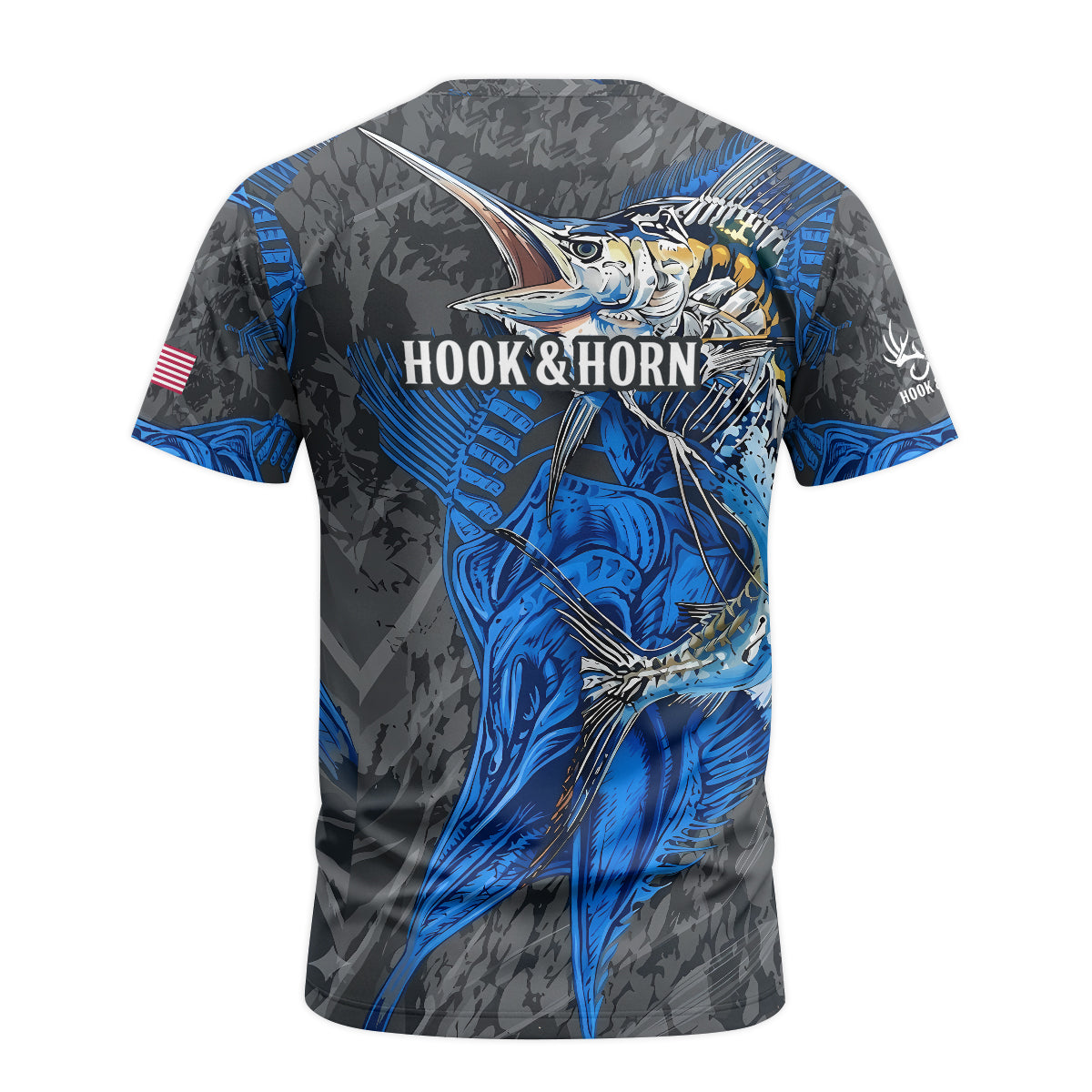 Blue Marlin Skeleton Camo Short Sleeve Fishing Shirt - back view mockup