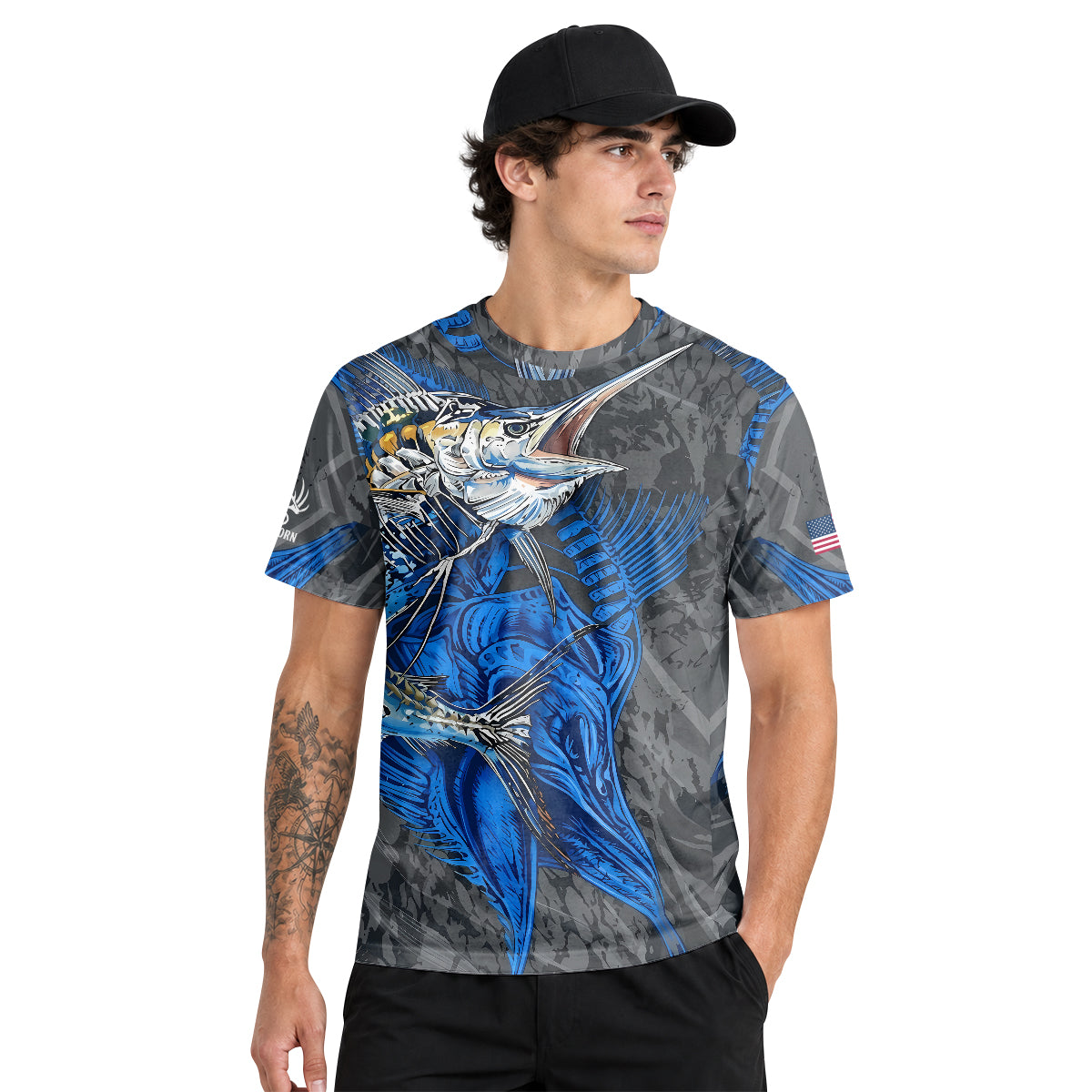 Blue Marlin Skeleton Camo Short Sleeve Fishing Shirt - lifestyle view