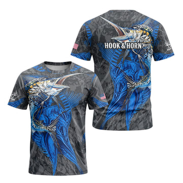 Blue Marlin Skeleton Camo Short Sleeve Fishing Shirt - front and back view