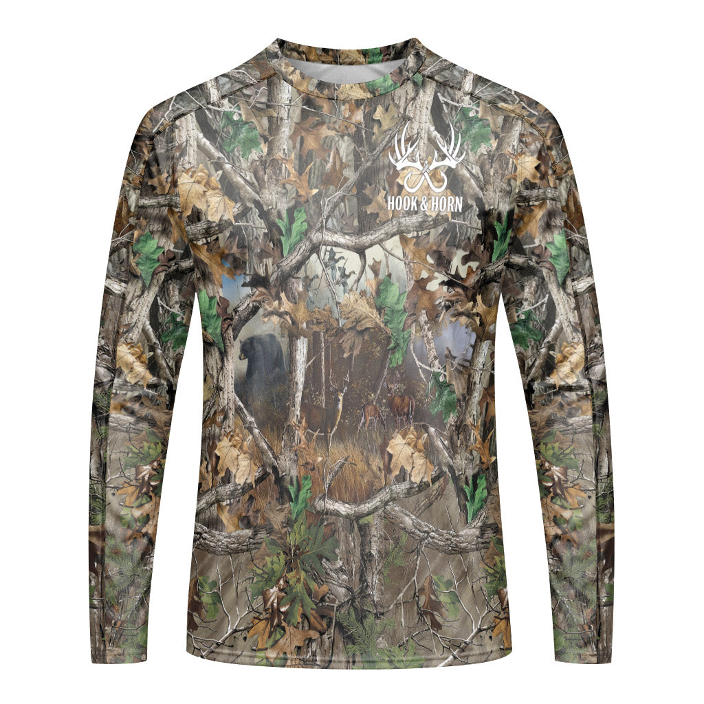 Deer and Bear Woodland Camo Long Sleeve Hunting Shirt - front view mockup