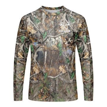 Deer and Bear Woodland Camo Long Sleeve Hunting Shirt - front view mockup