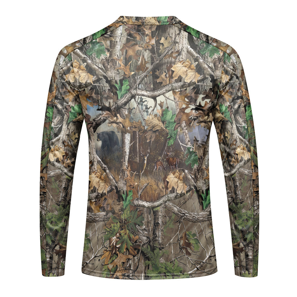 Deer and Bear Woodland Camo Long Sleeve Hunting Shirt - front view mockup