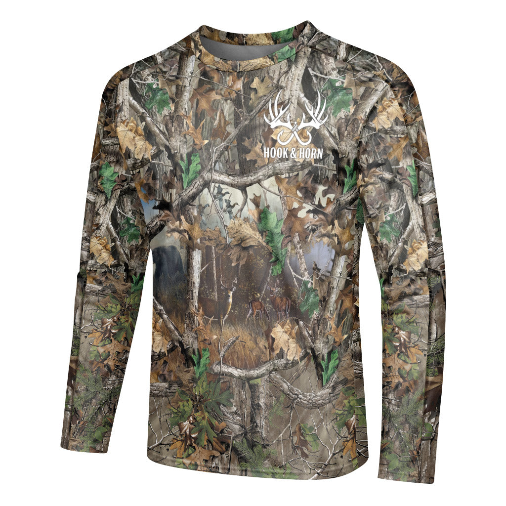 Deer and Bear Woodland Camo Long Sleeve Hunting Shirt - left side mockup