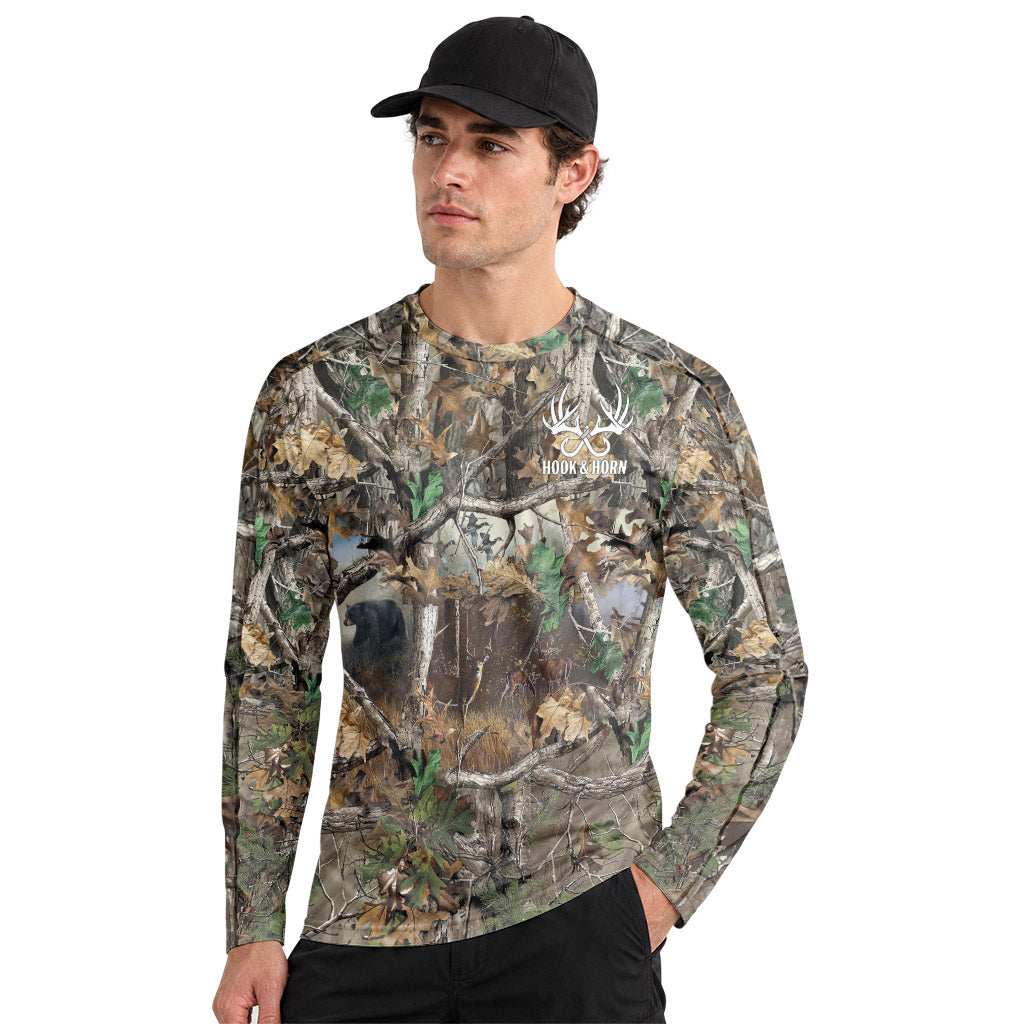 Deer and Bear Woodland Camo Long Sleeve Hunting Shirt - lifestyle view