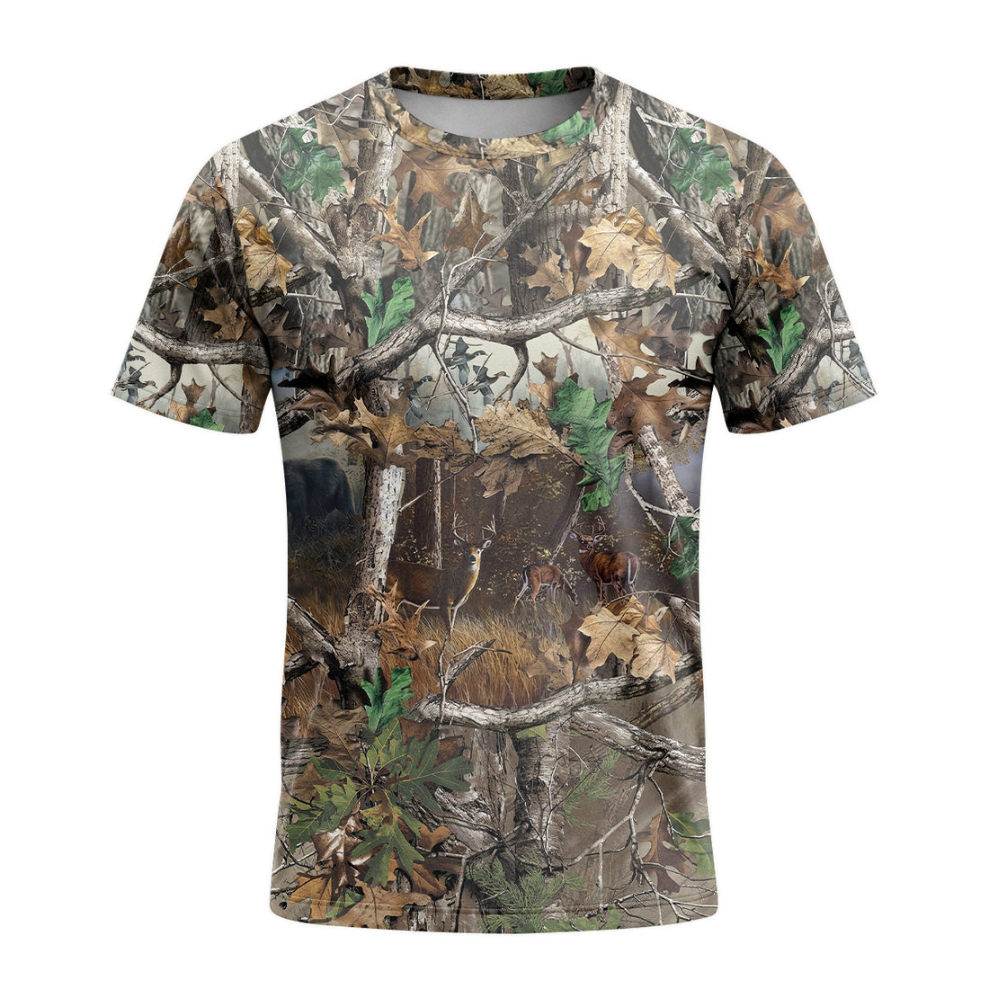 Deer and Bear Woodland Camo Short Sleeve Hunting Shirt - front and back view