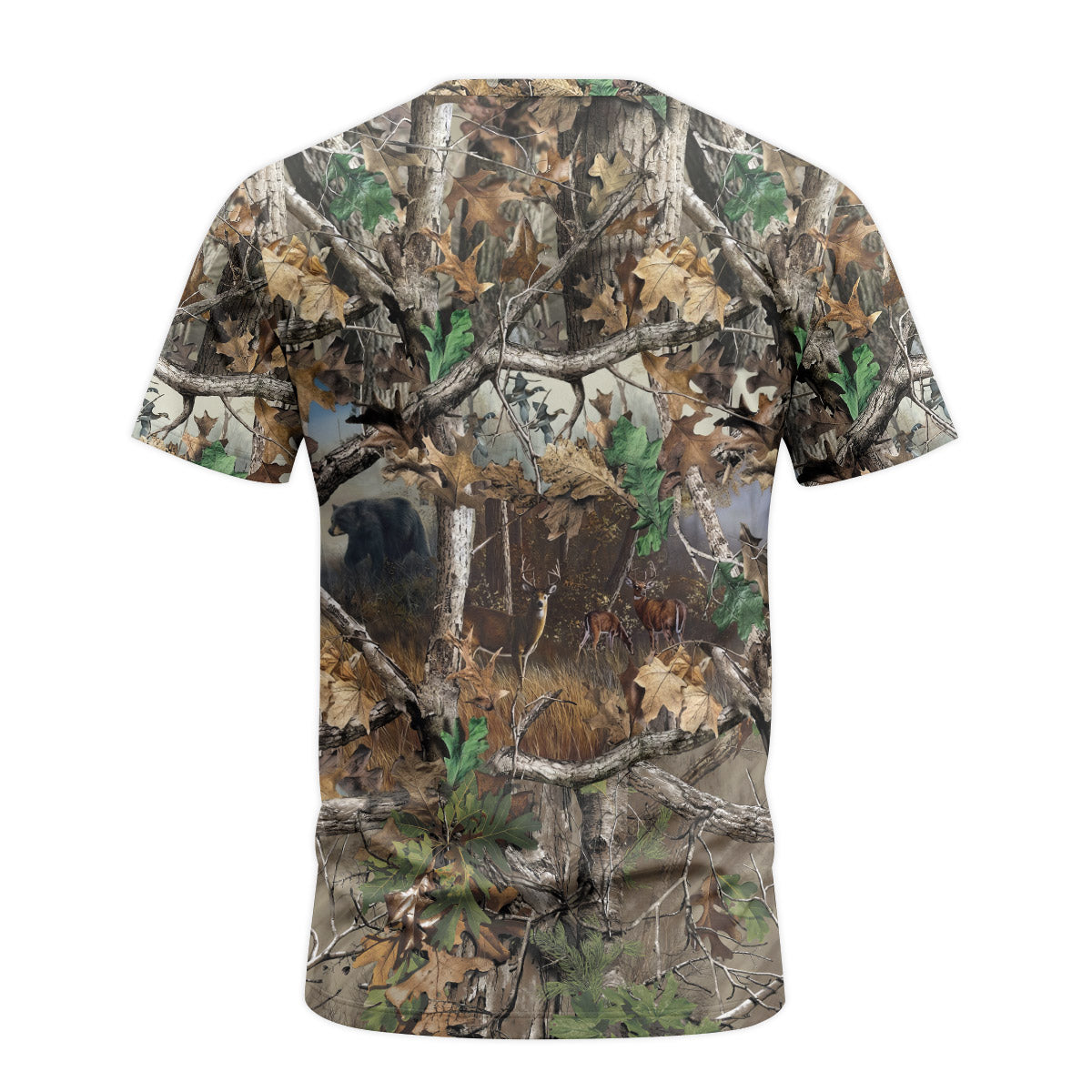 Deer and Bear Woodland Camo Short Sleeve Hunting Shirt - back view mockup