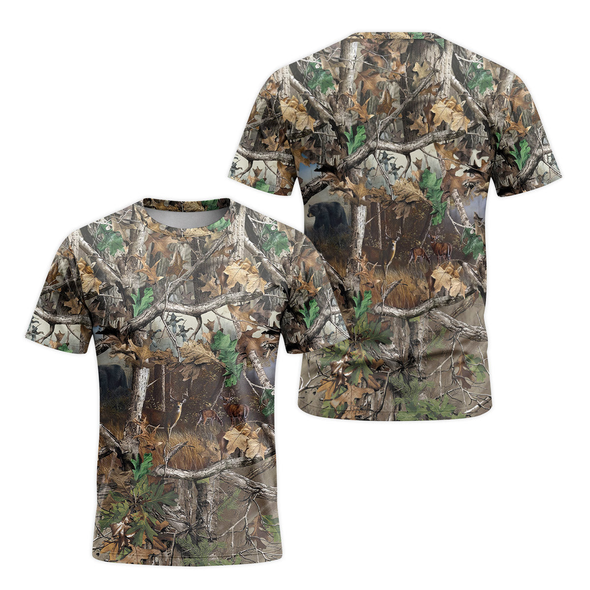 Deer and Bear Woodland Camo Short Sleeve Hunting Shirt - front and back view