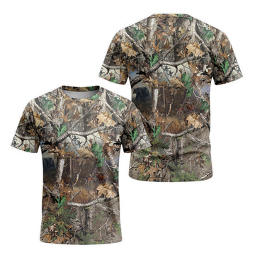 Deer and Bear Woodland Camo Short Sleeve Hunting Shirt - front and back view