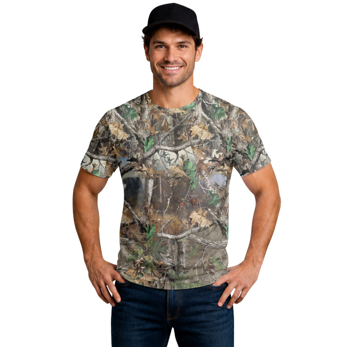Deer and Bear Woodland Camo Short Sleeve Hunting Shirt - lifestyle view