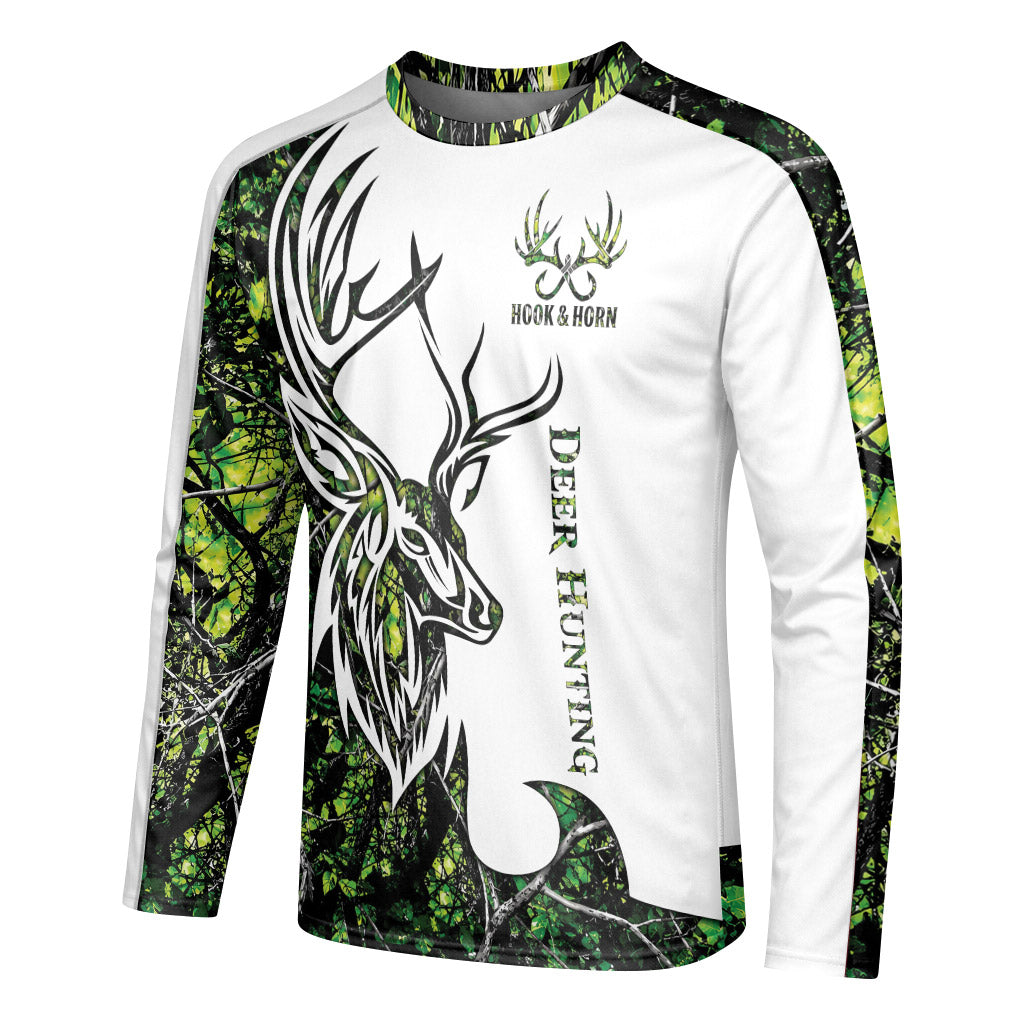 Deer Green Forest Camo Long Sleeve Hunting Shirt - left side mockup