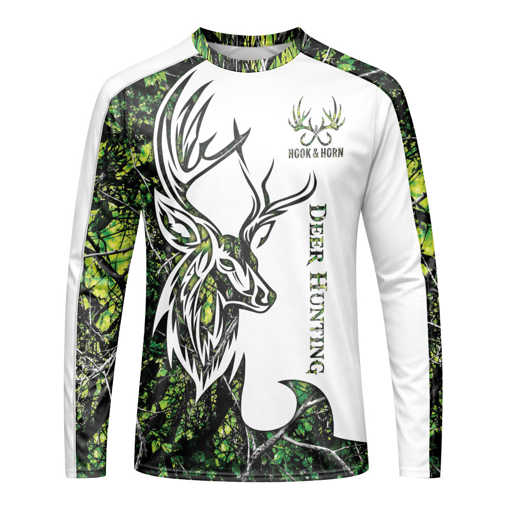 Deer Green Forest Camo Long Sleeve Hunting Shirt - front view mockup