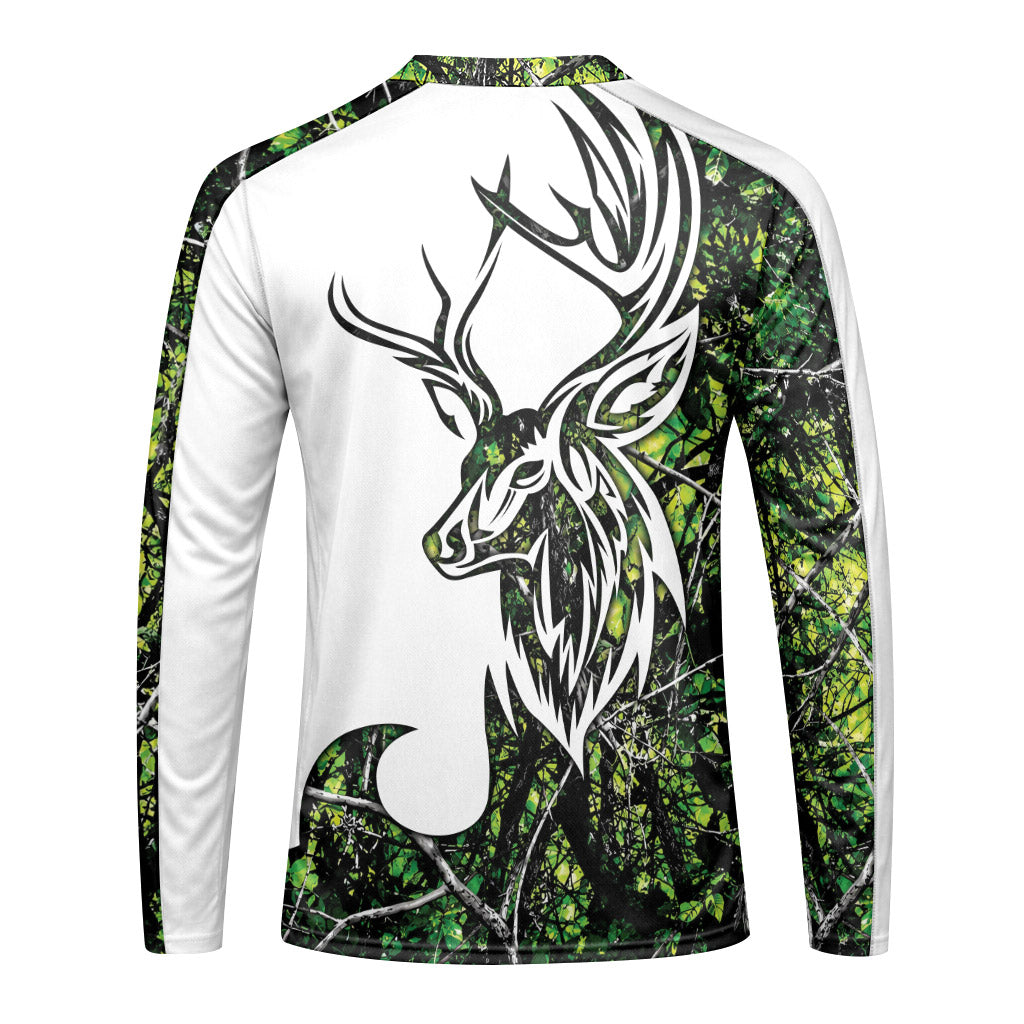 Deer Green Forest Camo Long Sleeve Hunting Shirt - front view mockup