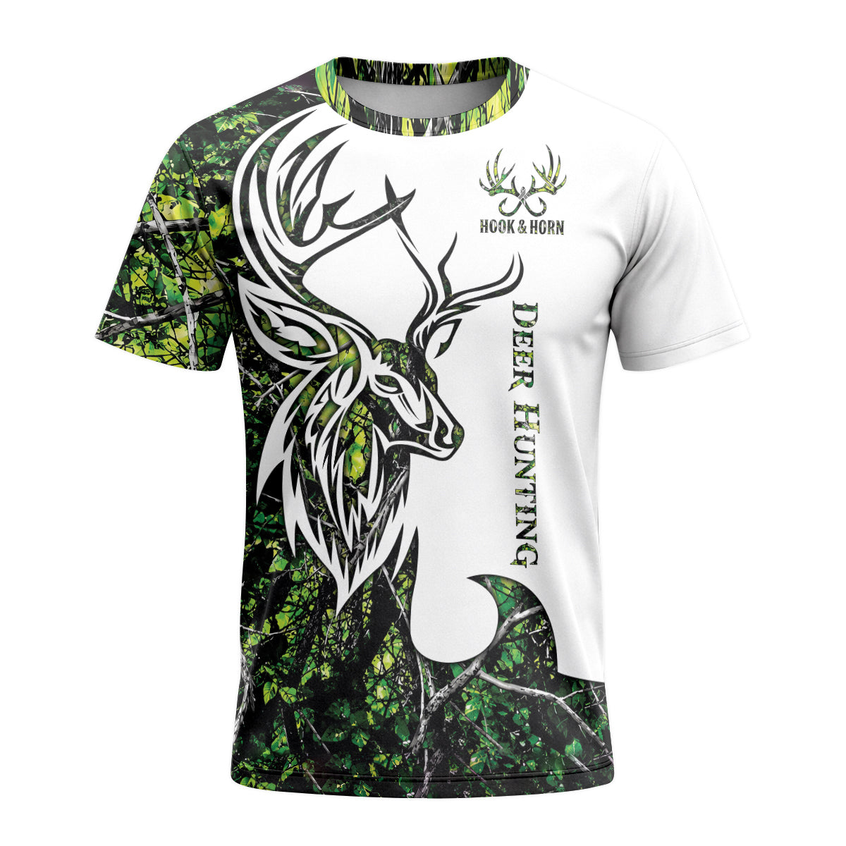 Deer Green Forest Camo Short Sleeve Hunting Shirt - front view mockup