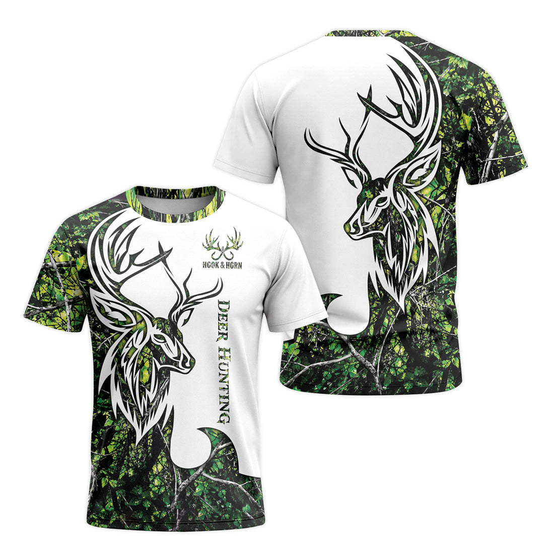Deer Green Forest Camo Short Sleeve Hunting Shirt - front and back view