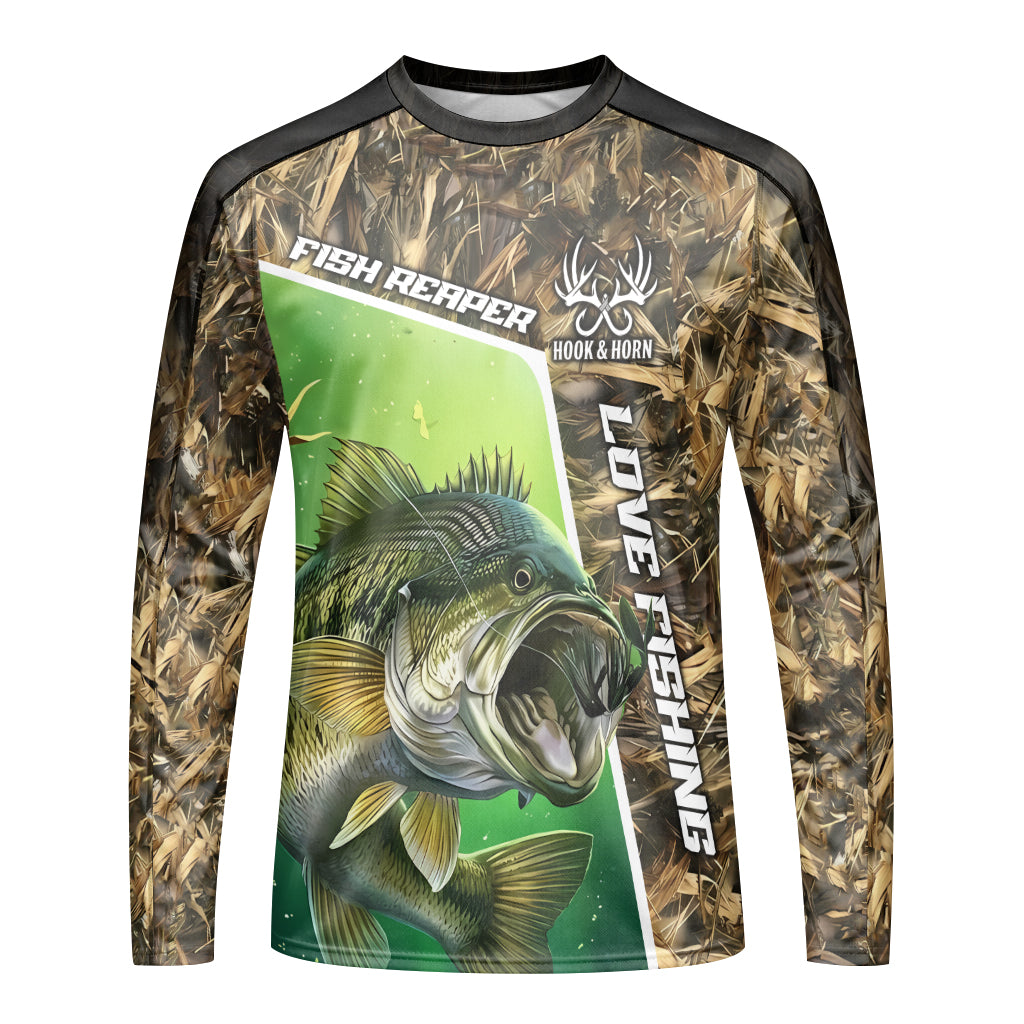 Fish Reaper Bass Camo Long Sleeve Fishing Shirt – Front View Mockup