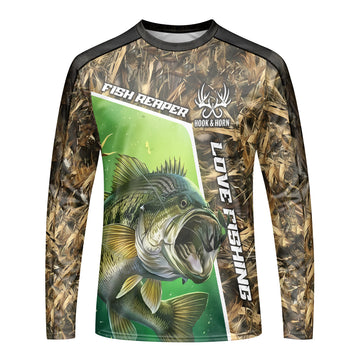 Fish Reaper Bass Camo Long Sleeve Fishing Shirt – Front View Mockup